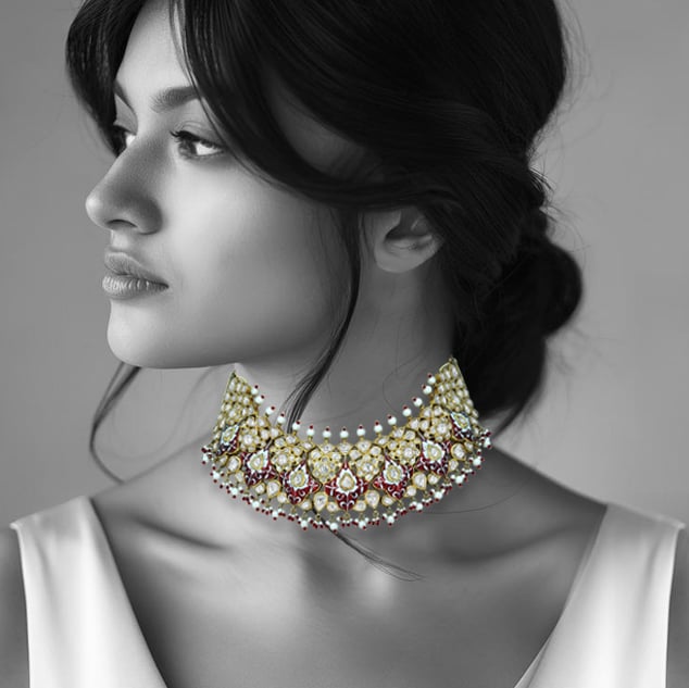 Polki Semi-Choker with Red Enamel and Pearl Beads